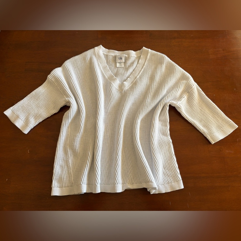 Cabi #5454 Breeze Pullover White Cotton Linen Blend Open-Knit V-Neck Size Small - Picture 3 of 7